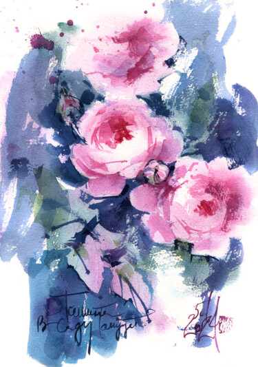"Silence dances in the garden" - watercolor sketch of roses Painting titled ""Silence dances in…" by Ksenia Selianko, Original Artwork, Watercolor