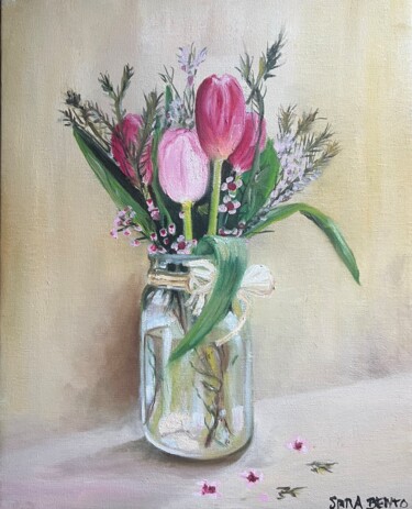Painting titled "Tulipán" by Sara Bento San Román, Original Artwork, Oil Mounted on Wood Stretcher frame