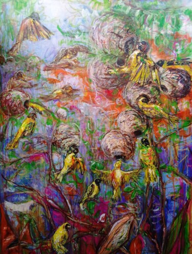 Peinture intitulée "Les bâtisseurs" par Michel Bertrand Atou Onana (Atouloo), Œuvre d'art originale, Acrylique Monté sur Châ…