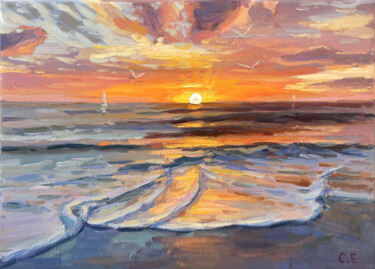 Sea dawn Painting titled "Sea dawn" by Evgeny Chernyakovsky, Original Artwork, Oil Mounted on Wood Stretcher frame