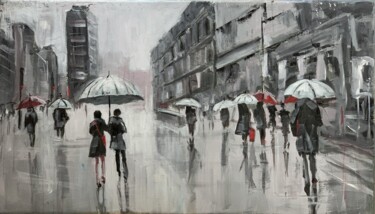 Rainy city. People with umbrellas.#2 Pittura intitolato "Rainy city. People…" da Vita Schagen, Opera d'arte originale, Acrilico Montato su Telaio per barella in…
