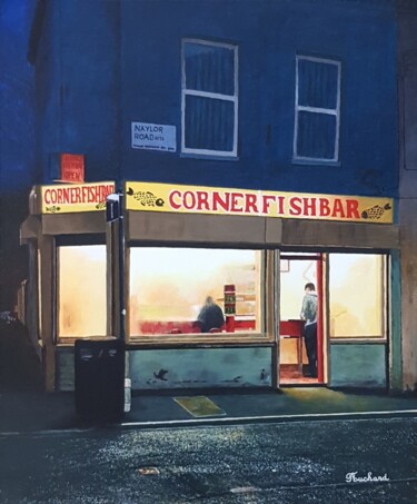 제목이 "Corner Fish Bar"인 미술작품 Patrice Fouchard로, 원작, 아크릴 나무 들것 프레임에 장착됨