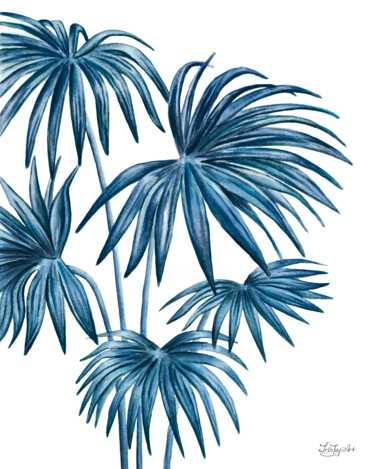 Palm leaves wall art Nature Minimalist navy blue wall decor 绘画 标题为“Palm leaves wall ar…” 由Irinjoyart, 原创艺术品, 水彩