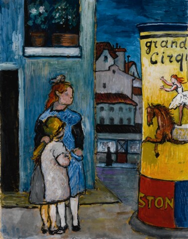 Deux enfants devant la colonne publicitaire "Grand Cirque" Peinture intitulée "Deux enfants devant…" par Marianne Von Werefkin, Œuvre d'art originale, Huile