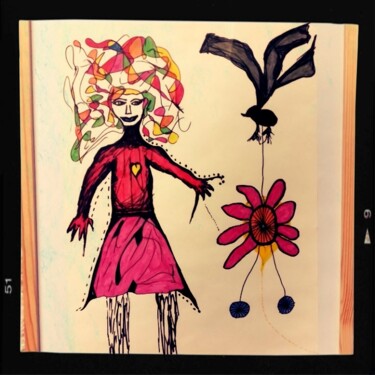 Drawing titled "Fillette et l oisea…" by Seny Jasna, Original Artwork, Marker