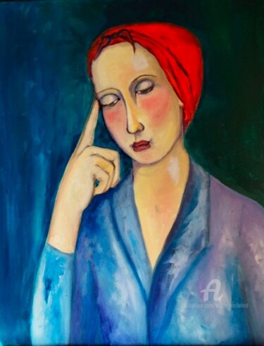 绘画 标题为“Femme - Songeuse au…” 由Nicole Bachelard, 原创艺术品, 油 安装在木质担架架上