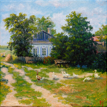 Schilderij getiteld "Old Village" door Tatiana Gracheva, Origineel Kunstwerk, Olie Gemonteerd op Frame voor houten brancard