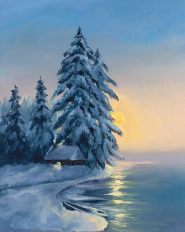 제목이 "House on the lake"인 미술작품 Svetlana Lebedeva로, 원작, 기름 나무 들것 프레임에 장착됨