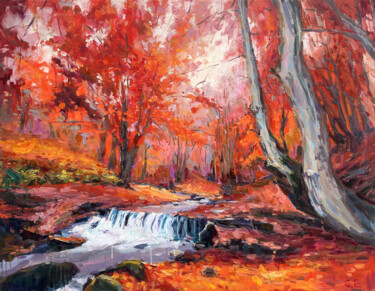 Картина под названием "river in autumn for…" - Evgeny Chernyakovsky, Подлинное произведение искусства, Масло Установлен на Д…