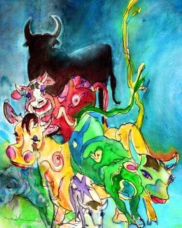Bulls From Toledo Peinture intitulée "Bulls From Toledo" par Miki De Goodaboom, Œuvre d'art originale, Aquarelle