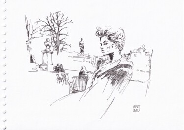 Σχέδιο με τίτλο "Madame au parc" από Emmanuel Forgues, Αυθεντικά έργα τέχνης, Μολύβι