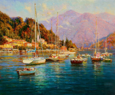 Painting titled "Yachts in the sea b…" by Lara Vald, Original Artwork, Oil Mounted on Wood Stretcher frame