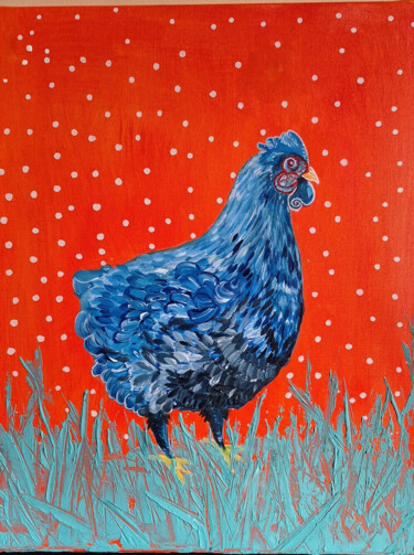 绘画 标题为“Blue chicken in a g…” 由Shemanka, 原创艺术品, 丙烯 安装在木质担架架上
