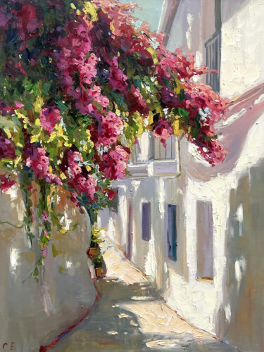 Blooming yard Painting titled "Blooming yard" by Evgeny Chernyakovsky, Original Artwork, Oil Mounted on Wood Stretcher frame