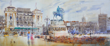 A day at Old Republic Square Belgrade 23x54 cm 2024 「A day at Old Republ…」というタイトルの絵画 Nenad Kojićによって, オリジナルのアートワーク, 水彩画