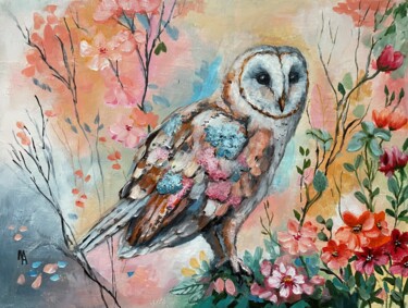Painting titled "Flower Owl 9." by Natalie Aleksejeva (NatalieVerve), Original Artwork, Acrylic