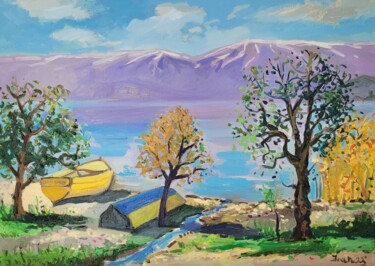Painting titled "Landscape with boats" by Joan Mato, Original Artwork, Oil
