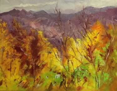 Painting titled "Automne à Peira Cava" by Lydia Guigo, Original Artwork, Oil Mounted on Wood Stretcher frame