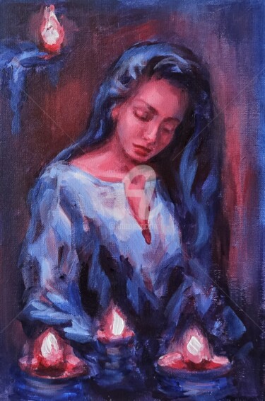 Blue series Light of Hope Woman with candles 绘画 标题为“Blue series Light o…” 由Anastasia Akunina, 原创艺术品, 丙烯 安装在纸板上
