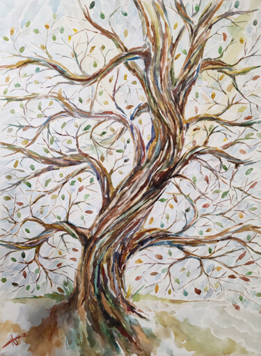 Painting titled "Позднее дерево" by Igor Hramov, Original Artwork, Watercolor