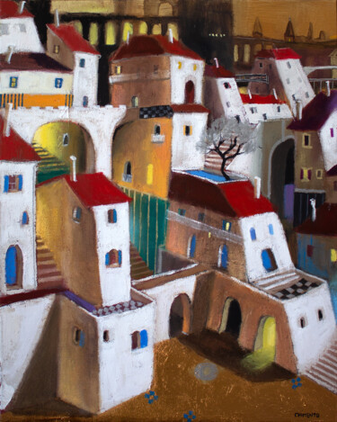 Peinture intitulée "Cité imaginaire aux…" par Laurent Chimento, Œuvre d'art originale, Huile Monté sur Châssis en bois