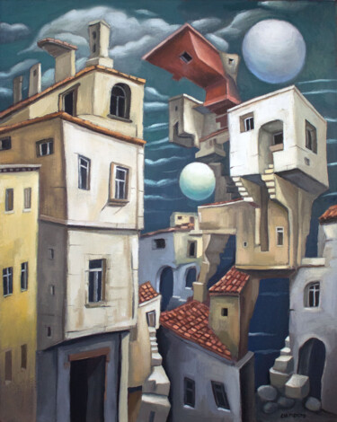Peinture intitulée "L'étrange cité" par Laurent Chimento, Œuvre d'art originale, Huile Monté sur Châssis en bois