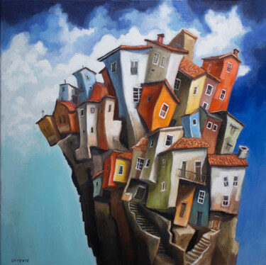 Peinture intitulée "Le village sur le r…" par Laurent Chimento, Œuvre d'art originale, Huile Monté sur Châssis en bois