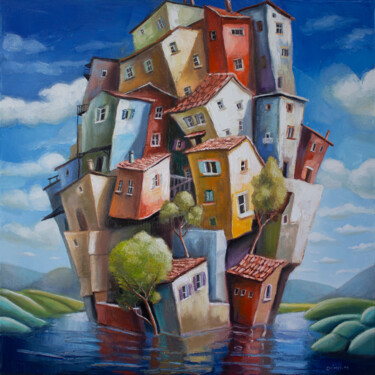 Peinture intitulée "Un village dans la…" par Laurent Chimento, Œuvre d'art originale, Huile Monté sur Châssis en bois