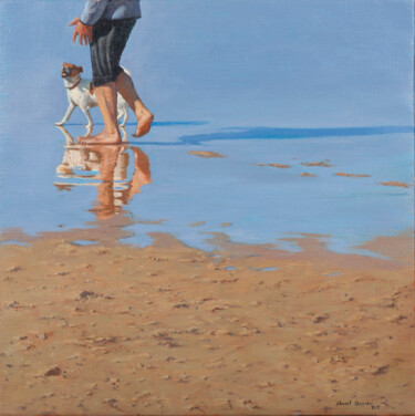 Painting titled "Paseo por la orilla" by Juan Álvarez Cebrián, Original Artwork, Oil Mounted on Wood Stretcher frame