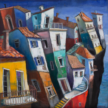 Peinture intitulée "Un village au dessu…" par Laurent Chimento, Œuvre d'art originale, Huile Monté sur Châssis en bois