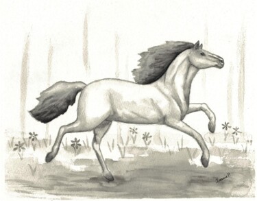 제목이 "Cheval qui court"인 미술작품 Jessie Poitras (La Panthère Blanche JP)로, 원작, 수채화