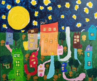 La ville pendant la nuit Peinture intitulée "La ville pendant la…" par Victoria Girerd, Œuvre d'art originale, Acrylique Monté sur Châssis en bois