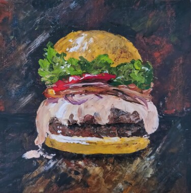 绘画 标题为“Cheeseburger” 由Sasha Savona, 原创艺术品, 油 安装在纸板上