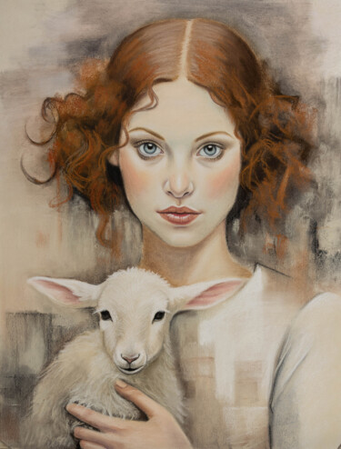 Girl with a lamb Tekening getiteld "Girl with a lamb" door Inna Medvedeva, Origineel Kunstwerk, Pastel