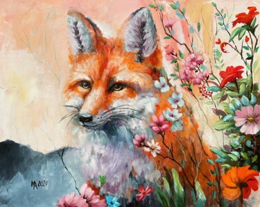 A close observer. Portrait of fox with fantasy flowers. 绘画 标题为“A close observer. P…” 由Natalie Aleksejeva (NatalieVerve), 原创艺术品, 丙烯