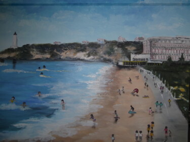 Painting titled "Plage de Biarritz" by Odette Carre (Etchevers M-J), Original Artwork, Oil Mounted on Wood Stretcher frame