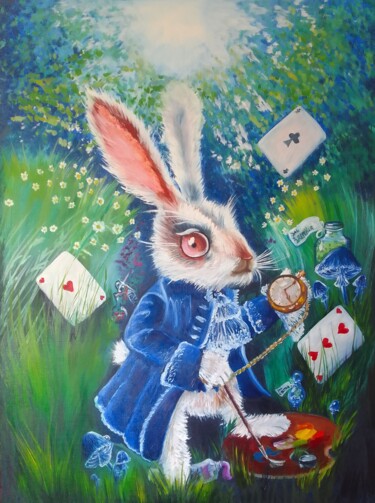The rabbit is an artist Painting titled "The rabbit is an ar…" by Tatyana Nesterova, Original Artwork, Oil