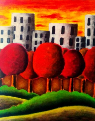 Au dela de la ville Peinture intitulée "Au dela de la ville" par Sabrina Riggio, Œuvre d'art originale, Acrylique