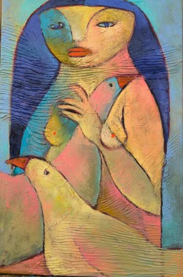 绘画 标题为“girl with birds” 由Katerina Sapozhkova, 原创艺术品, 油