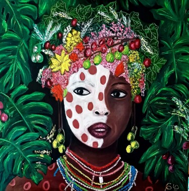FEMME FLEUR N°4 ETHNIE SURI Peinture intitulée "FEMME FLEUR N°4 ETH…" par Chantal Eymes, Œuvre d'art originale, Huile
