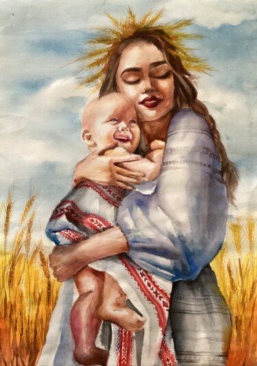 Mommy's hugs Peinture intitulée "Mommy's hugs" par Anna Borsevskaa, Œuvre d'art originale, Aquarelle