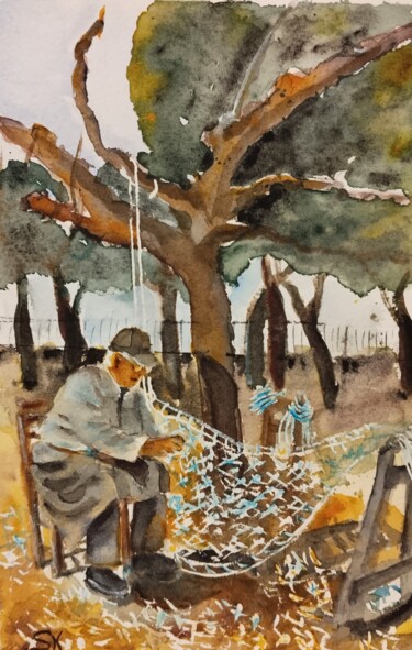 绘画 标题为“An old man,repairin…” 由Stoyanka Nikolova, 原创艺术品, 水彩