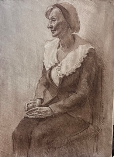 Old woman graphic portrait on paper. Light sepia Malarstwo zatytułowany „Old woman graphic p…” autorstwa Vsevolod Chistiakov, Oryginalna praca, Pastel