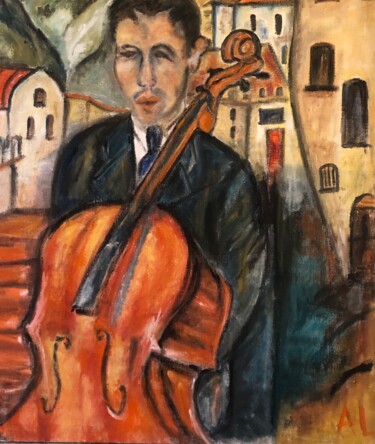 Le violoncelle huile sur toile French school Painting titled "Le violoncelle huil…" by Anne Basch, Original Artwork, Oil Mounted on Wood Stretcher frame