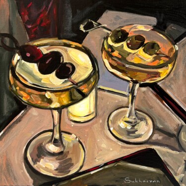 Still Life with Two Cocktails in the Dark Pintura intitulada "Still Life with Two…" por Victoria Sukhasyan, Obras de arte originais, Acrílico
