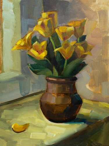 绘画 标题为“Yellow tulips” 由Arus Pashikyan, 原创艺术品, 油 安装在木质担架架上