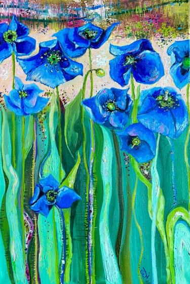 Blue anemones 2 - oil painting on linen canvas 제목이 "Blue anemones 2 - o…"인 미술작품 Ekaterina Larina로, 원작, 기름 나무 들것 프레임에 장착됨