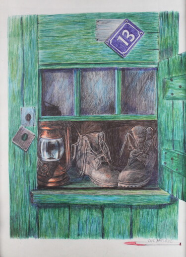 Tekening getiteld "fenêtre de mineur" door Luc Mackel, Origineel Kunstwerk, Balpen Gemonteerd op Houten paneel