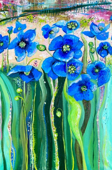 Blue anemones 1 - oil painting on linen canvas 제목이 "Blue anemones 1 - o…"인 미술작품 Ekaterina Larina로, 원작, 기름 나무 들것 프레임에 장착됨