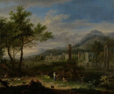 Paysage arcadien avec pêcheurs Painting titled "Paysage arcadien av…" by Jan Van Huysum, Original Artwork, Oil